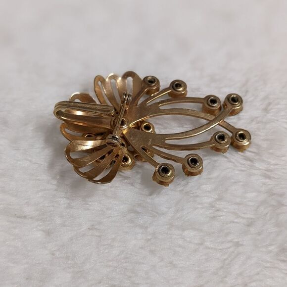 Vintage 50's Teal Blue & Clear Rhinestone Floral Spray Brooche - Picture 9 of 10